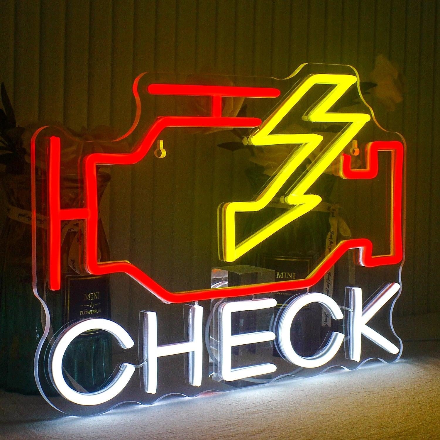 Check Engine Red-Yellow-White Led Neon Sign With Lightning Bolt For Home Decor | Shineneon