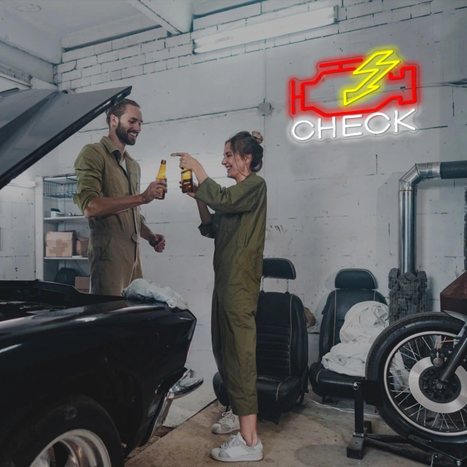 Check Engine Red-Yellow-White Led Neon Sign With Lightning Bolt For Home Decor | Shineneon