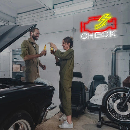 Check Engine Red-Yellow-White Led Neon Sign With Lightning Bolt For Home Decor | Shineneon