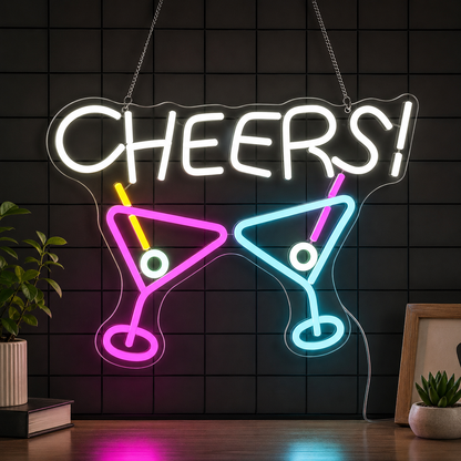 Cheers And Two Martini Glasses Hanging From LED Neon Sign main product image