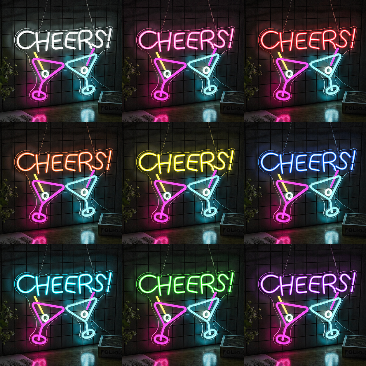 Cheers And Two Martini Glasses Hanging From LED Neon Sign color grid