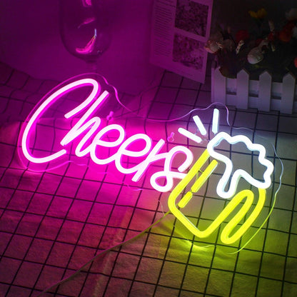 Cheers Beer Cup Pink Yellow Led Neon Sign For Indoor Home Bar Cafe Decor | Shineneon