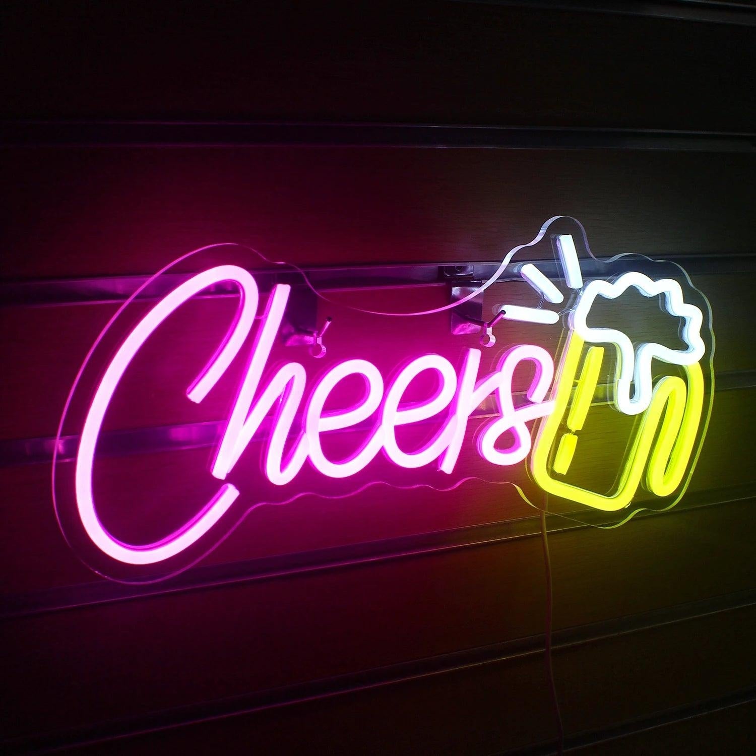 Cheers Beer Cup Pink Yellow Led Neon Sign For Indoor Home Bar Cafe Decor | Shineneon