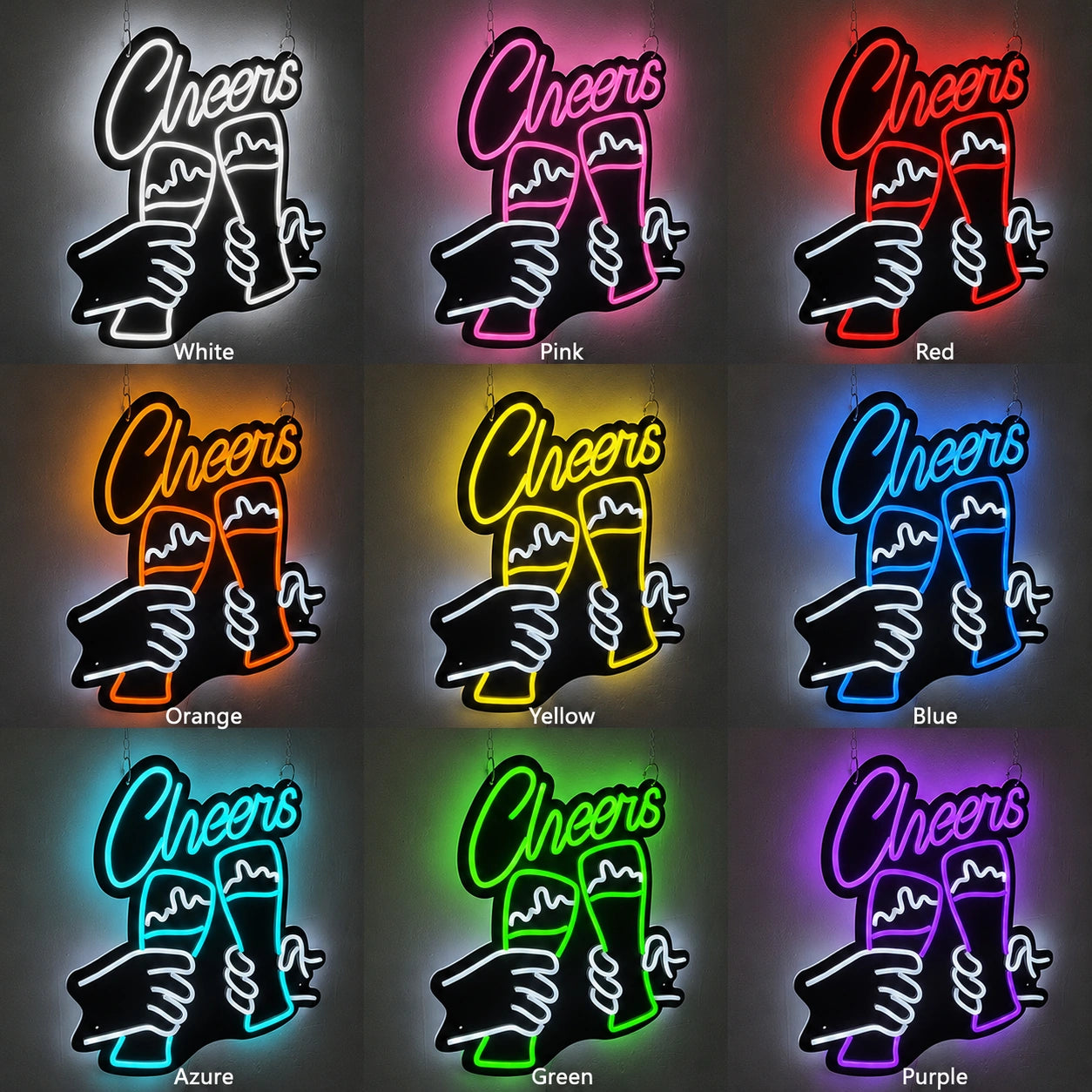 Cheers Beer Glasses LED Neon Sign day and night comparison