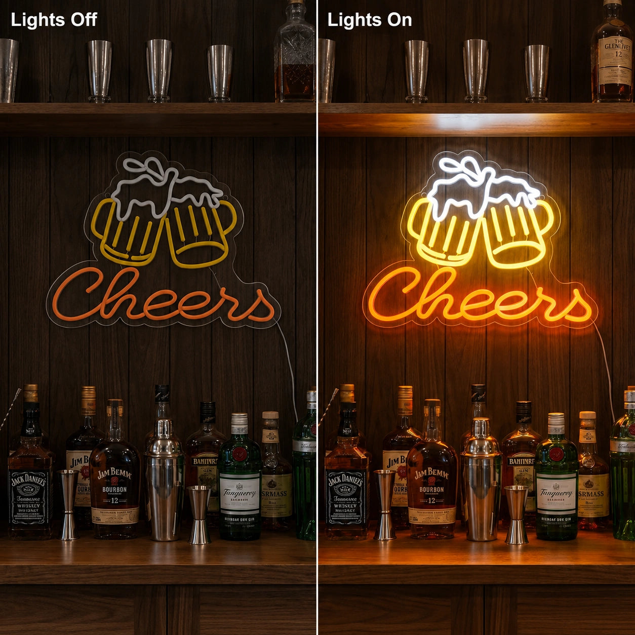 Cheers Beer Mug Neon Sign LED Neon Sign day and night comparison