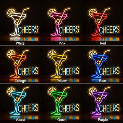 Cheers Cocktail Glass LED Neon Sign day and night comparison