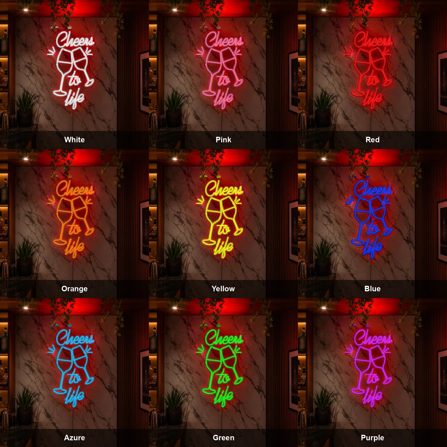 Cheers To Life Wine Glasses LED Neon Sign color grid