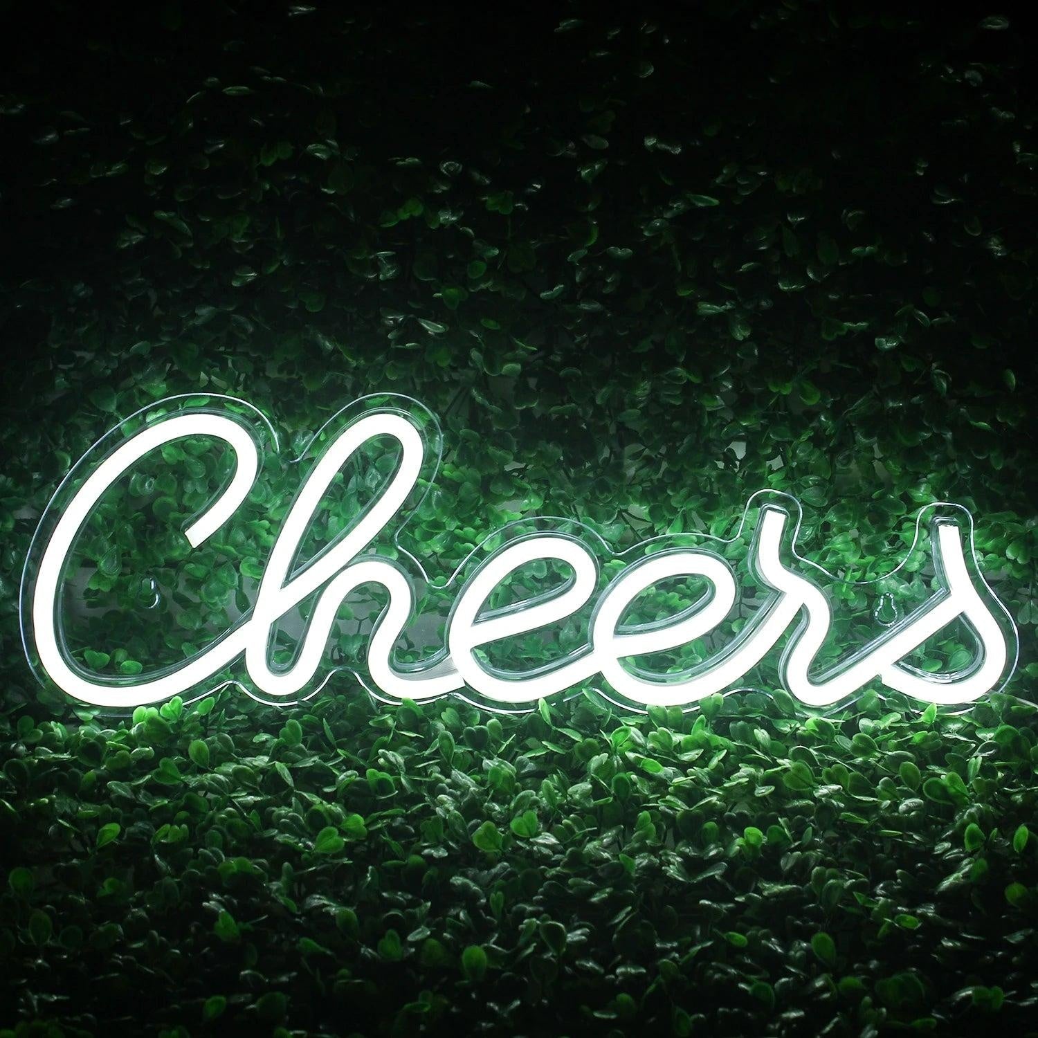 Cheers White Glow Led Neon Sign With Green Plant Wall For Cafe Bar Decor | Shineneon