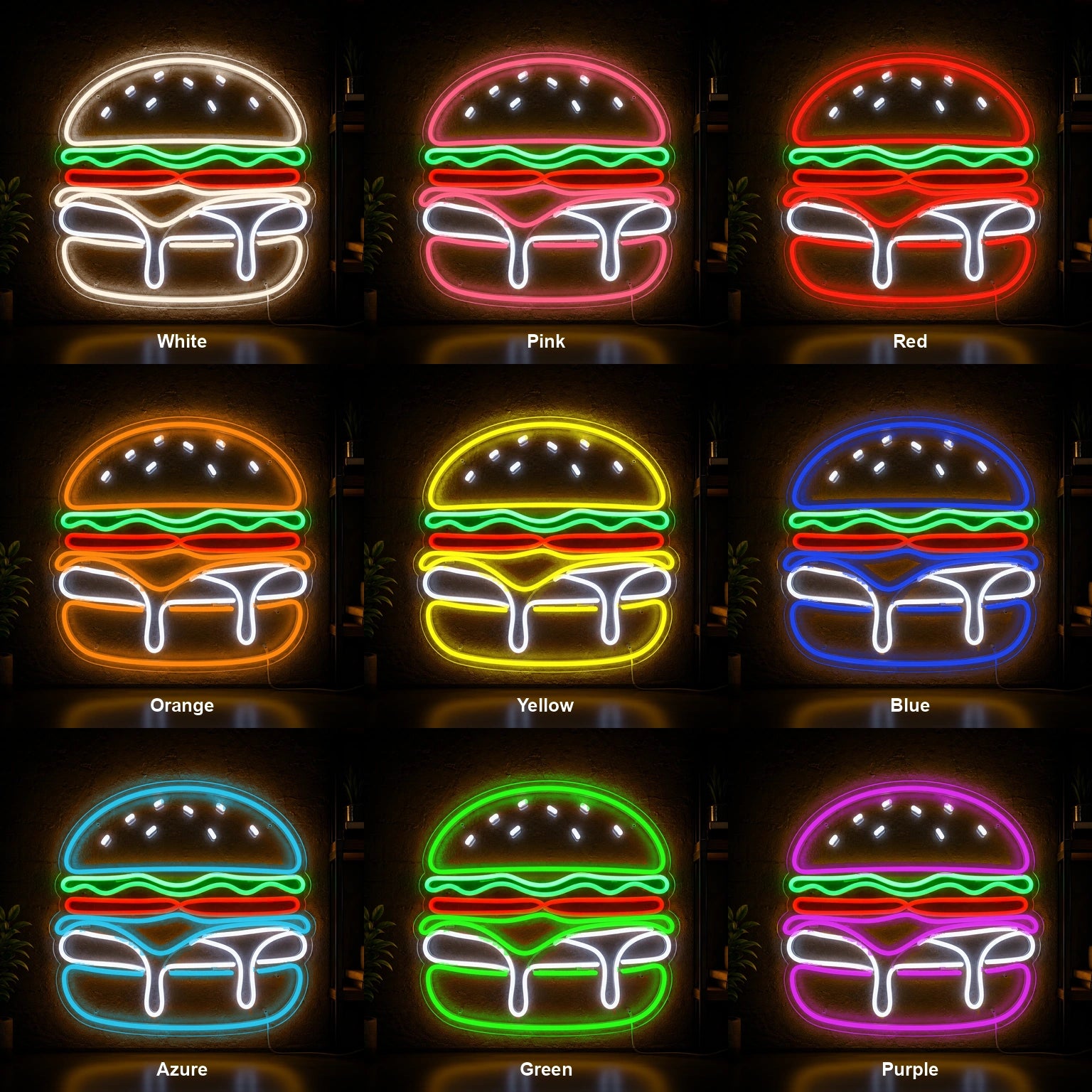 Cheeseburger LED Neon Sign color grid