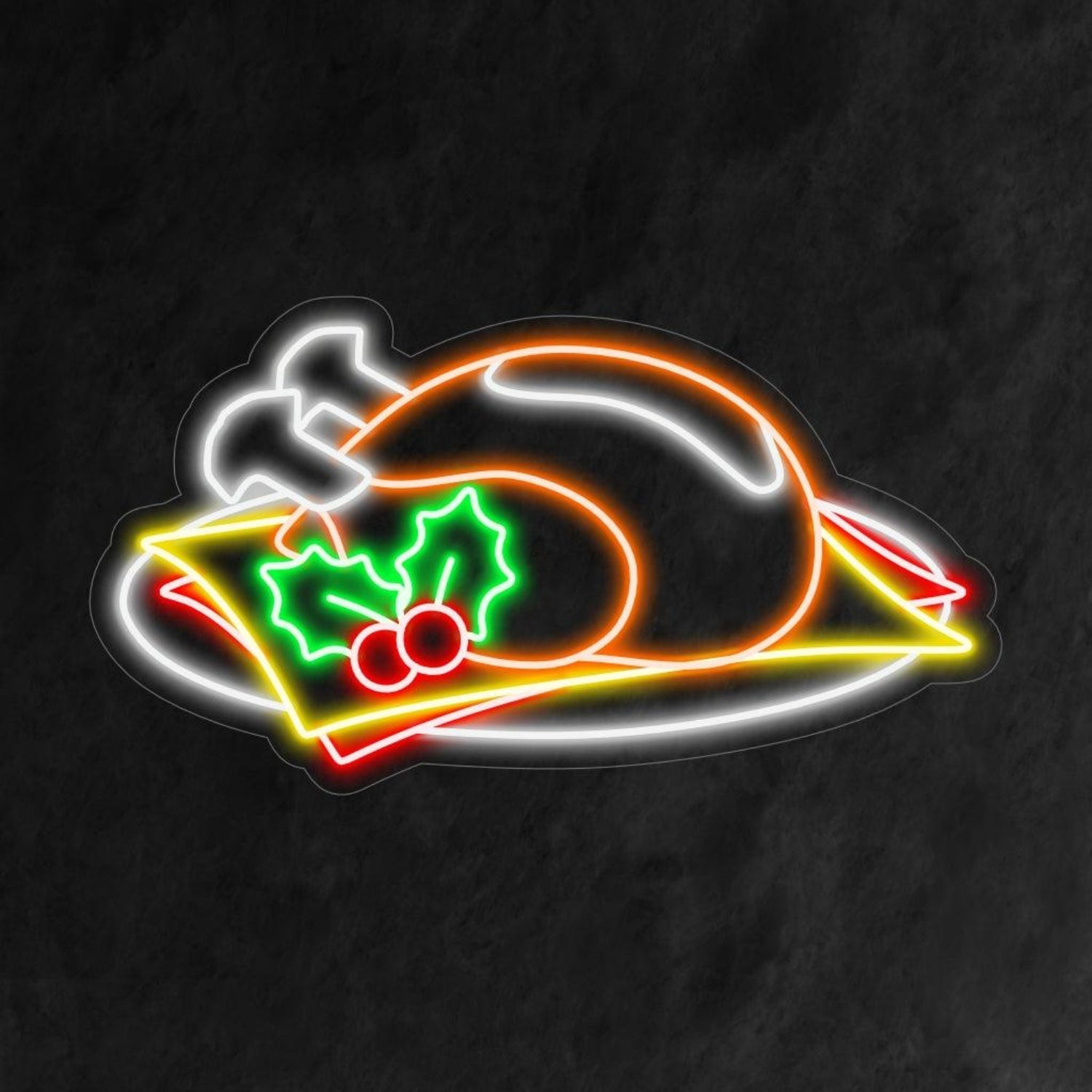 Chicken Meat Turkey Plate With Holly Berries Led Neon Sign For Festive Holiday Decor | Shineneon