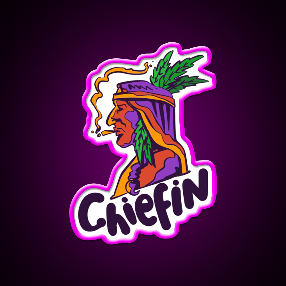 Chiefin Weed Native Gift Hemp Inspired Green Leaf Led Neon Sign Rgb Color - Neon sign mounted on wall in room