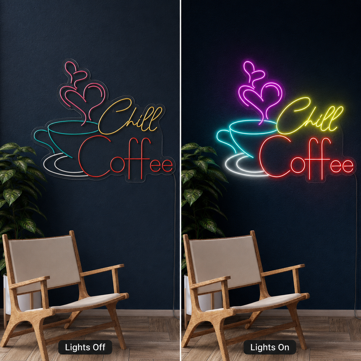 Chill Coffee LED Neon Sign - 06 Day Night Comparison