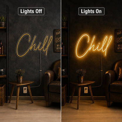 Chill Man Cave LED Neon Sign day and night comparison