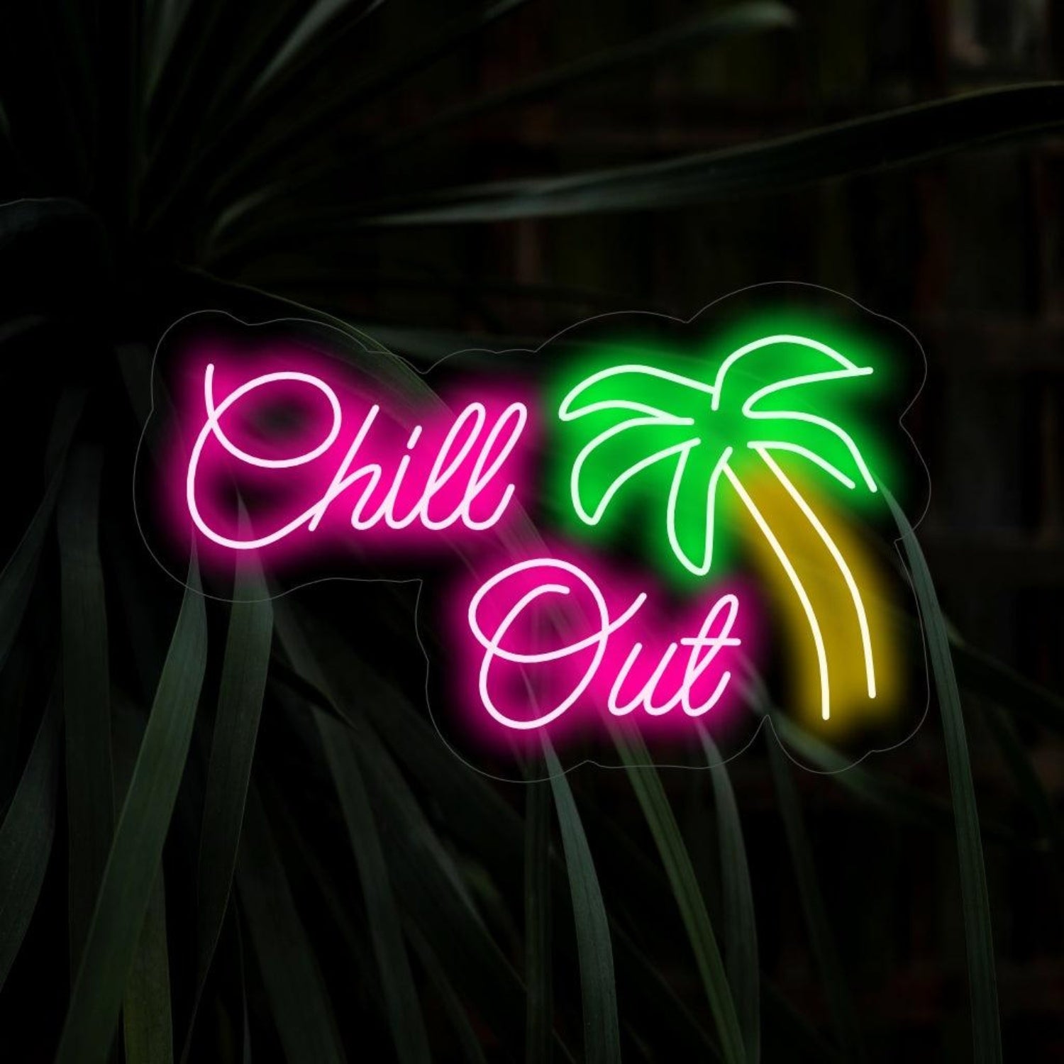 Chill Out Palm Tree Led Neon Sign With Pink Green Yellow Bar Cafe Decor | Shineneon