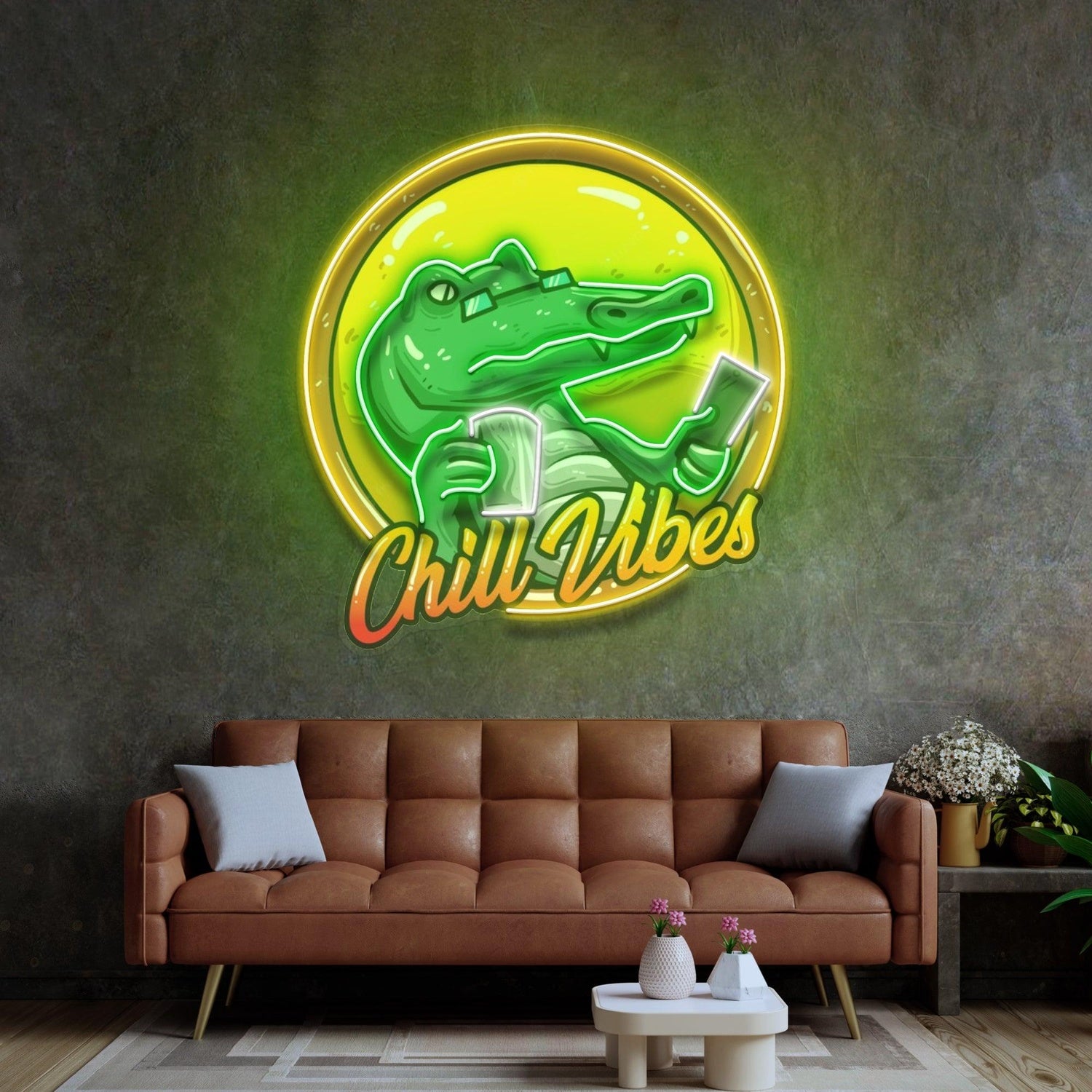 Chill Vibes Cartoon Crocodile Uv Printed Led Neon Sign For Home Cafe Decor | Shineneon