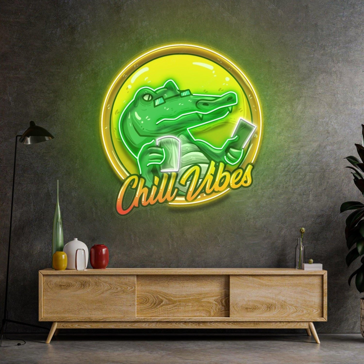 Chill Vibes Cartoon Crocodile Uv Printed Led Neon Sign For Home Cafe Decor | Shineneon