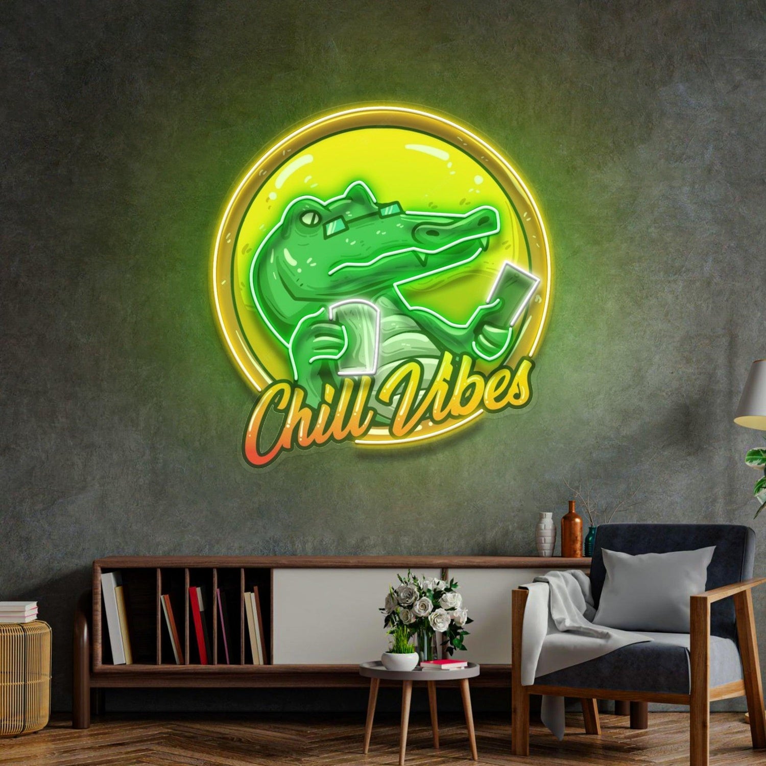Chill Vibes Cartoon Crocodile Uv Printed Led Neon Sign For Home Cafe Decor | Shineneon