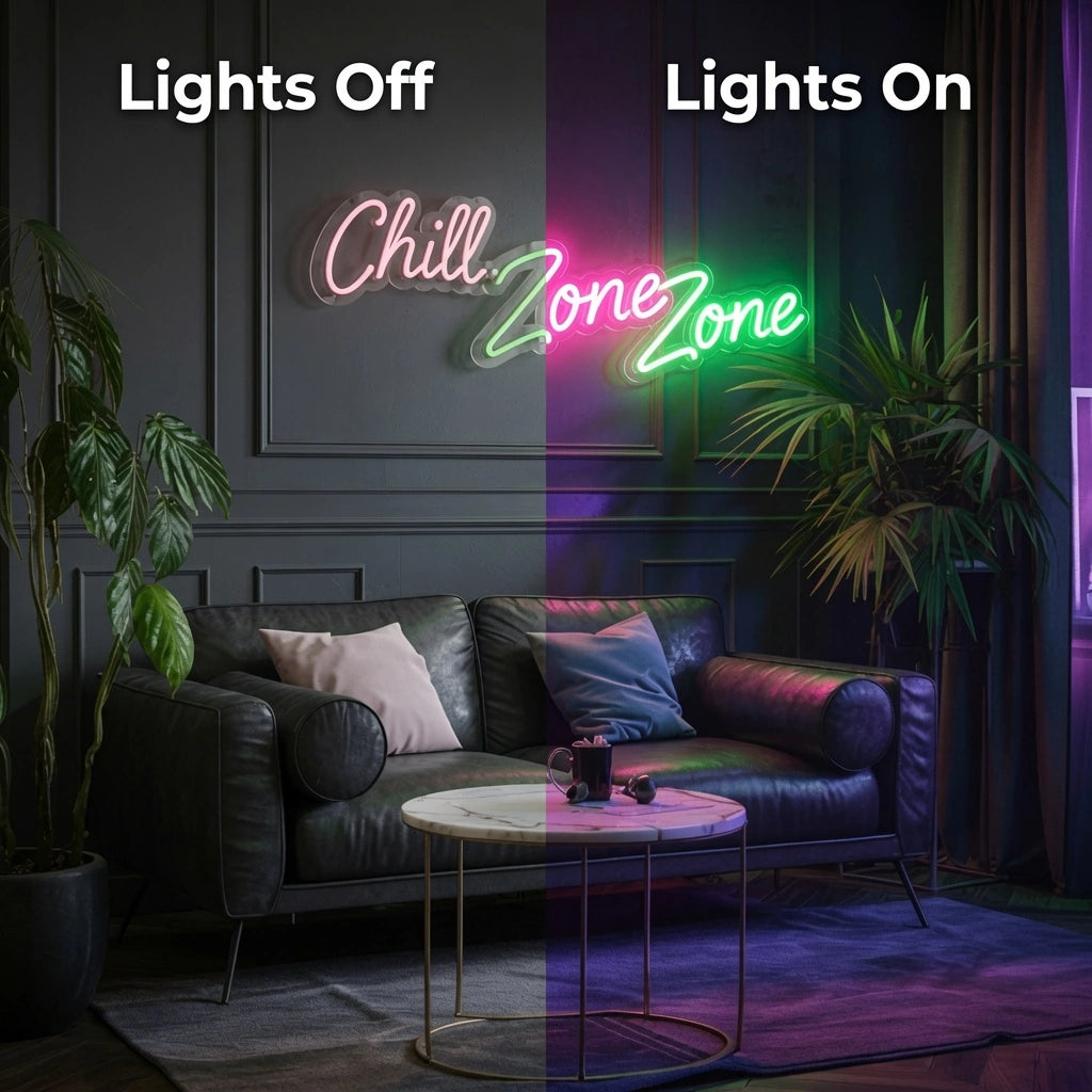 Chill Zone LED Neon Sign - 06 Day Night Comparison