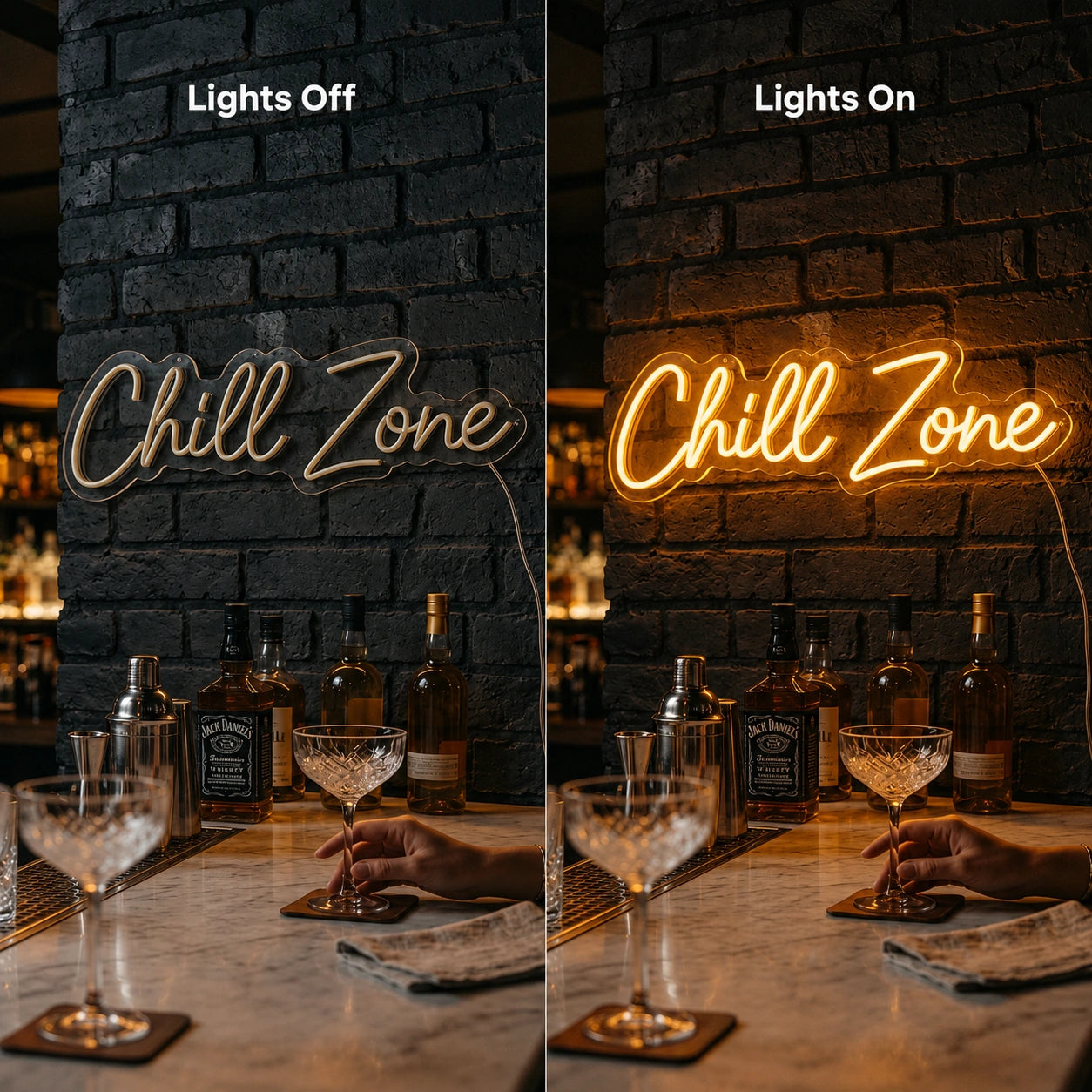 Chill Zone Lounge Neon Sign LED Neon Sign day and night comparison