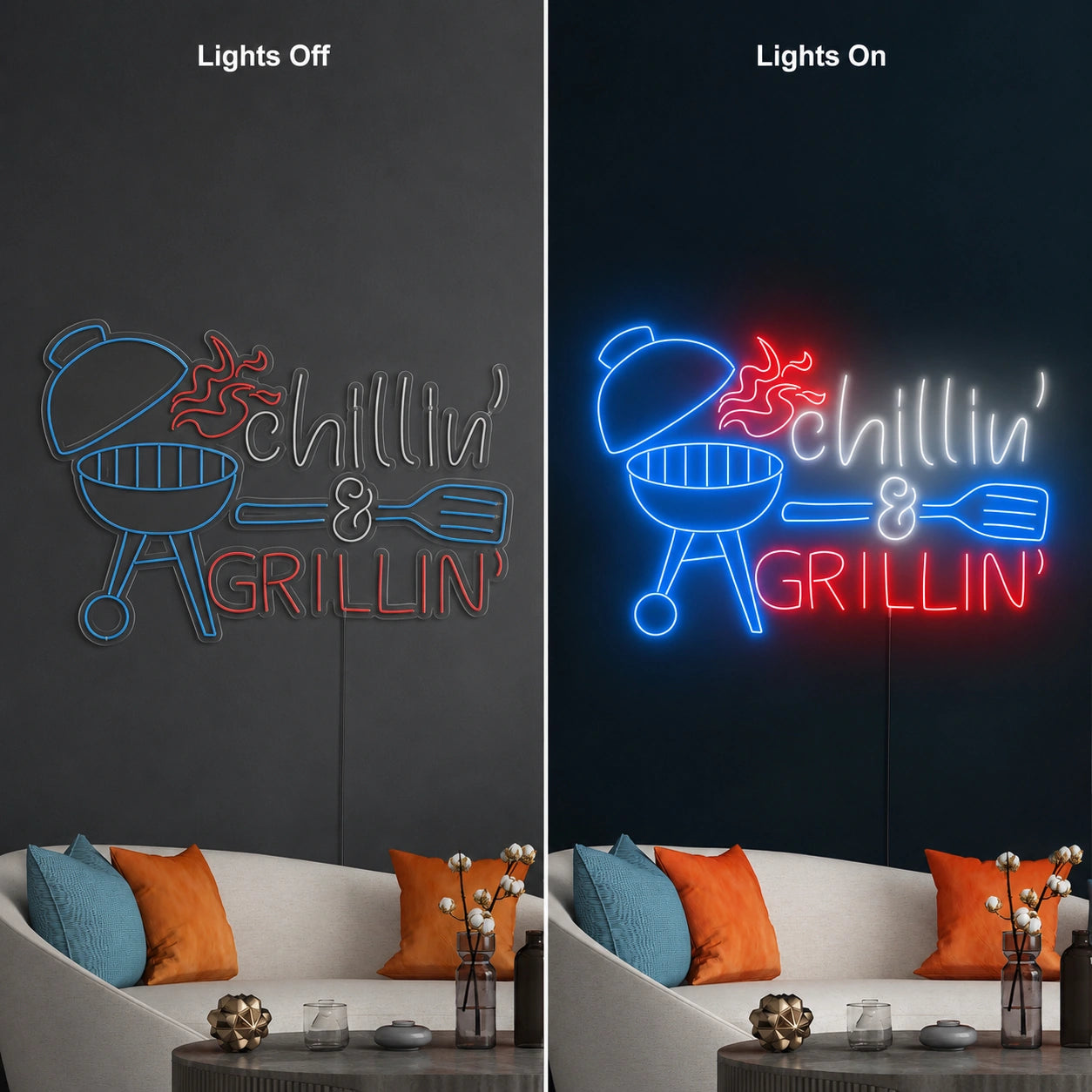 Chillin Grillin Neon Sign LED Neon Sign day and night comparison