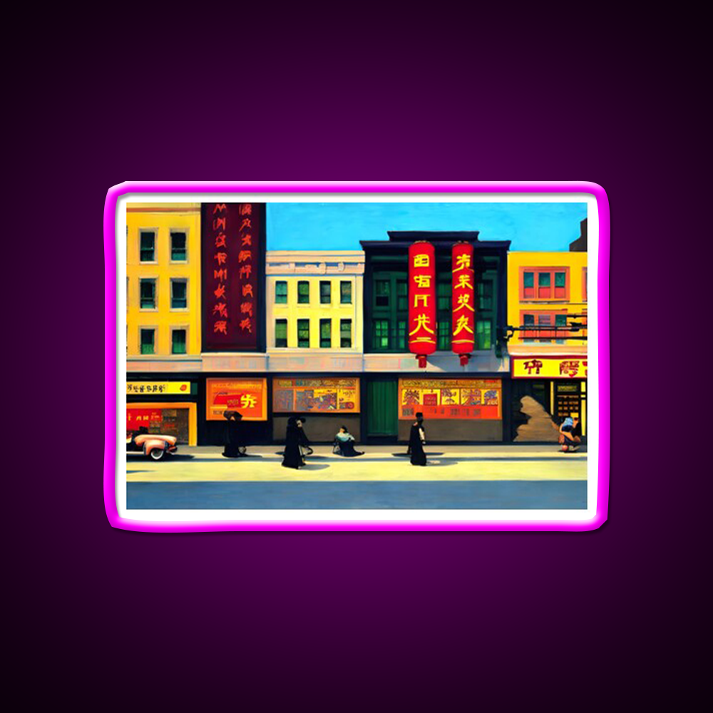 Chinatown Nyc Edward Hopper Style Asian Cultural Led Neon Sign Rgb Color - Neon sign mounted on wall in room