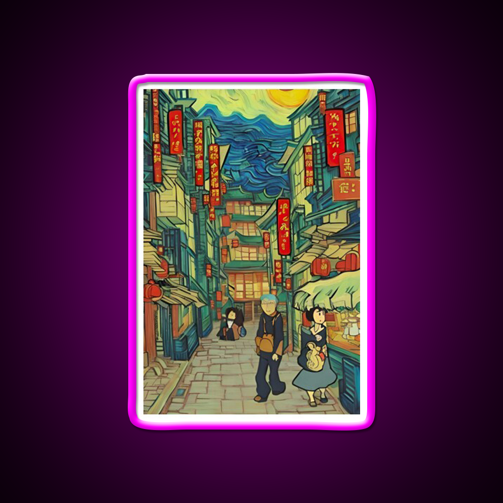 Chinatown Vincent Van Gogh Style Asian Cultural Led Neon Sign Wall Art Rgb Color - Neon sign mounted on wall in room
