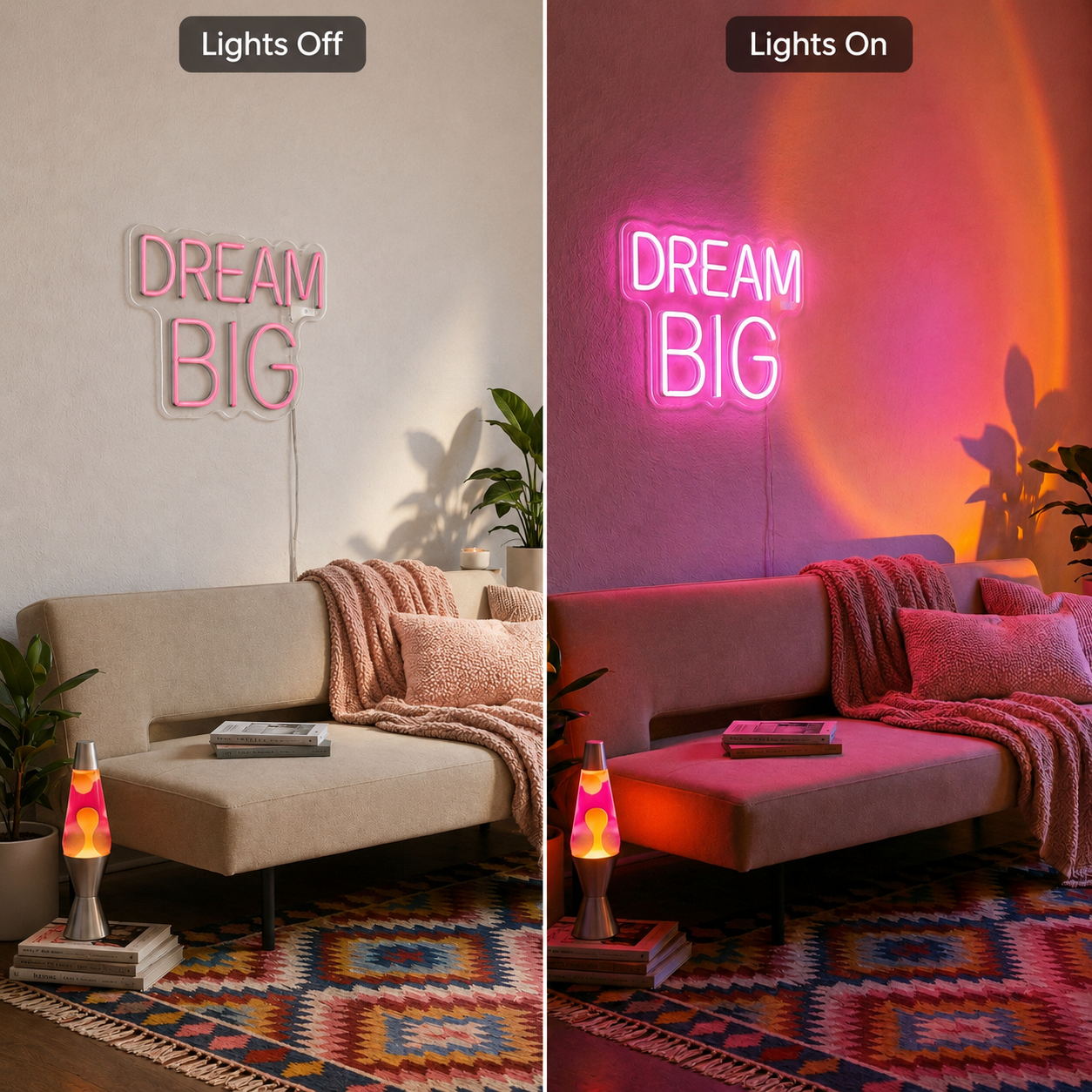 Choose Happy Bedroom Wall Light LED Neon Sign - 06 Day Night Comparison