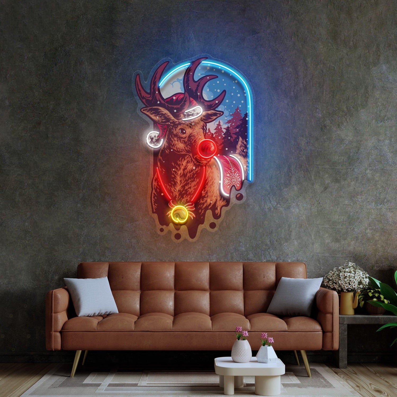 Christmas Deer Blue Red Uv Printed Led Neon Sign With Snowflakes For Holiday Home Decor | Shineneon