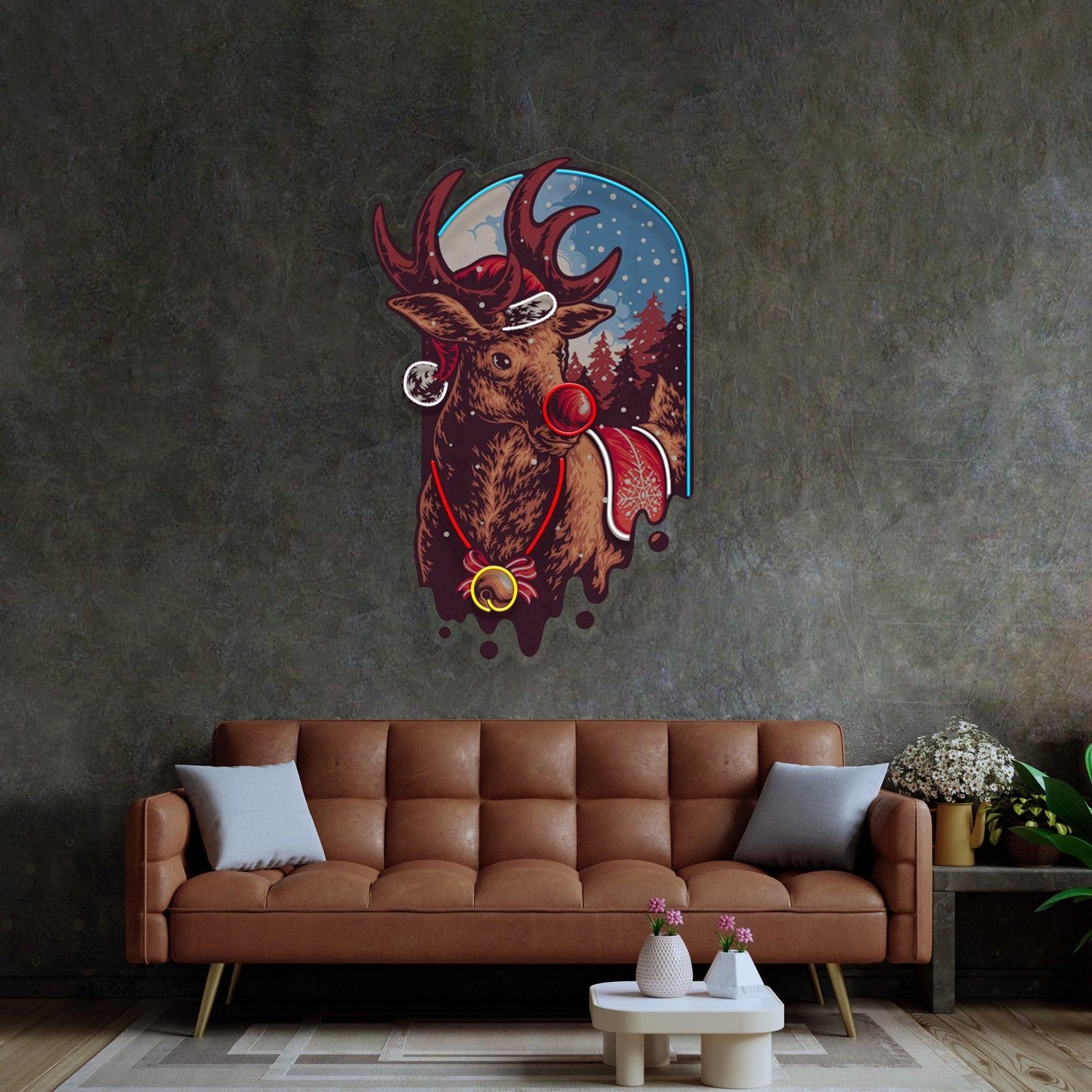 Christmas Deer Blue Red Uv Printed Led Neon Sign With Snowflakes For Holiday Home Decor | Shineneon