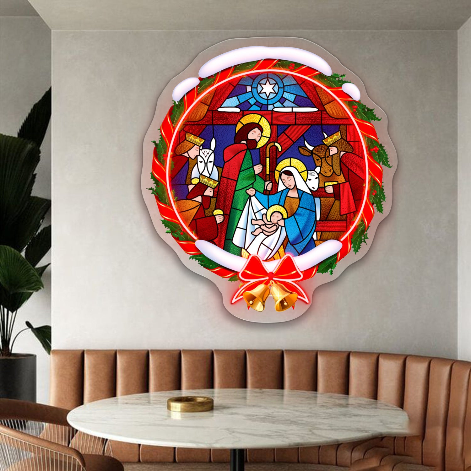 Christmas Scene in Holly Wreath Acrylic Led Neon Sign | Shineneon