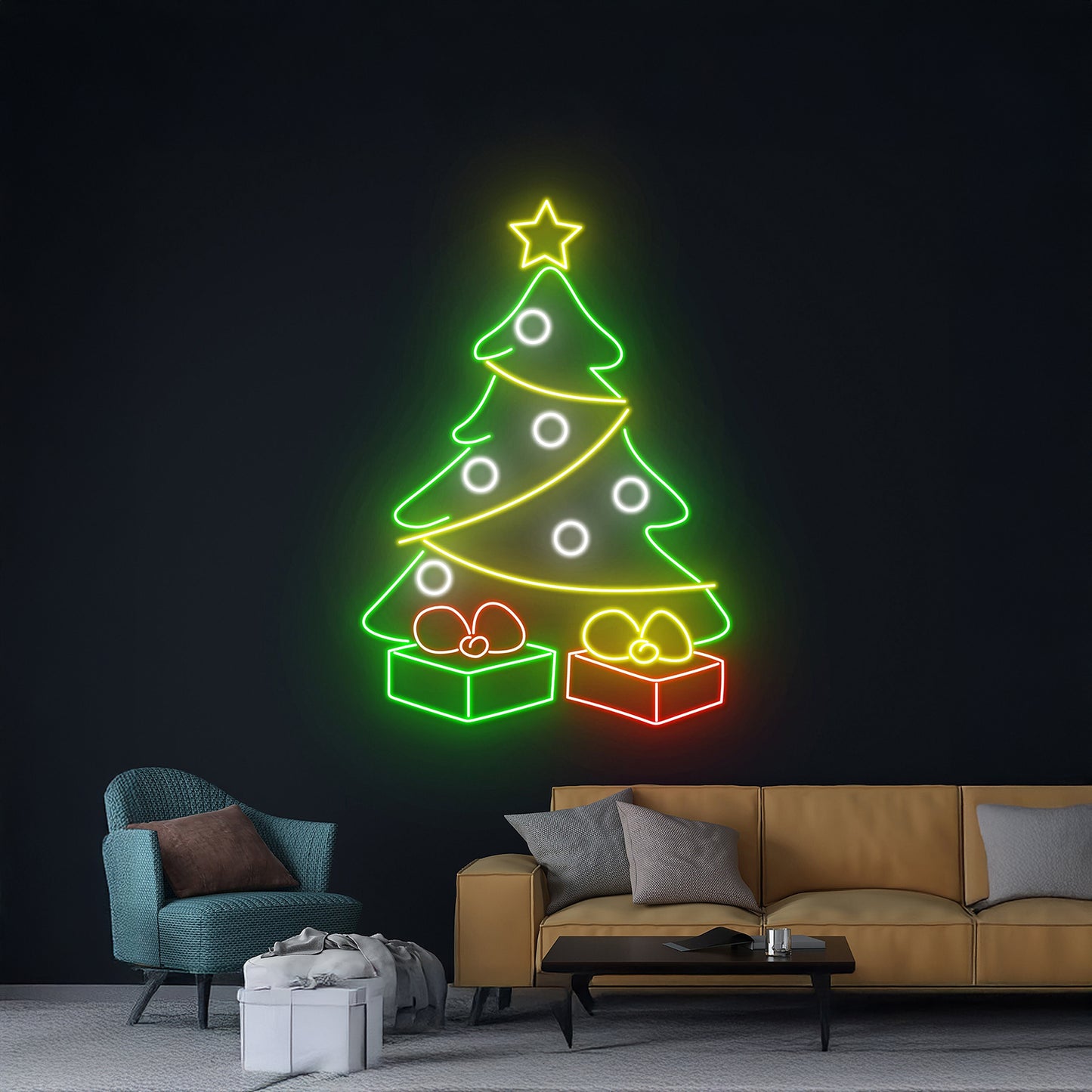 Christmas Tree Gift Neon Sign Happy New Year Wall Decor