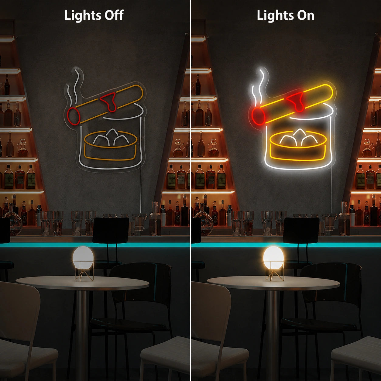 Cigar Glass Neon Sign LED Neon Sign day and night comparison