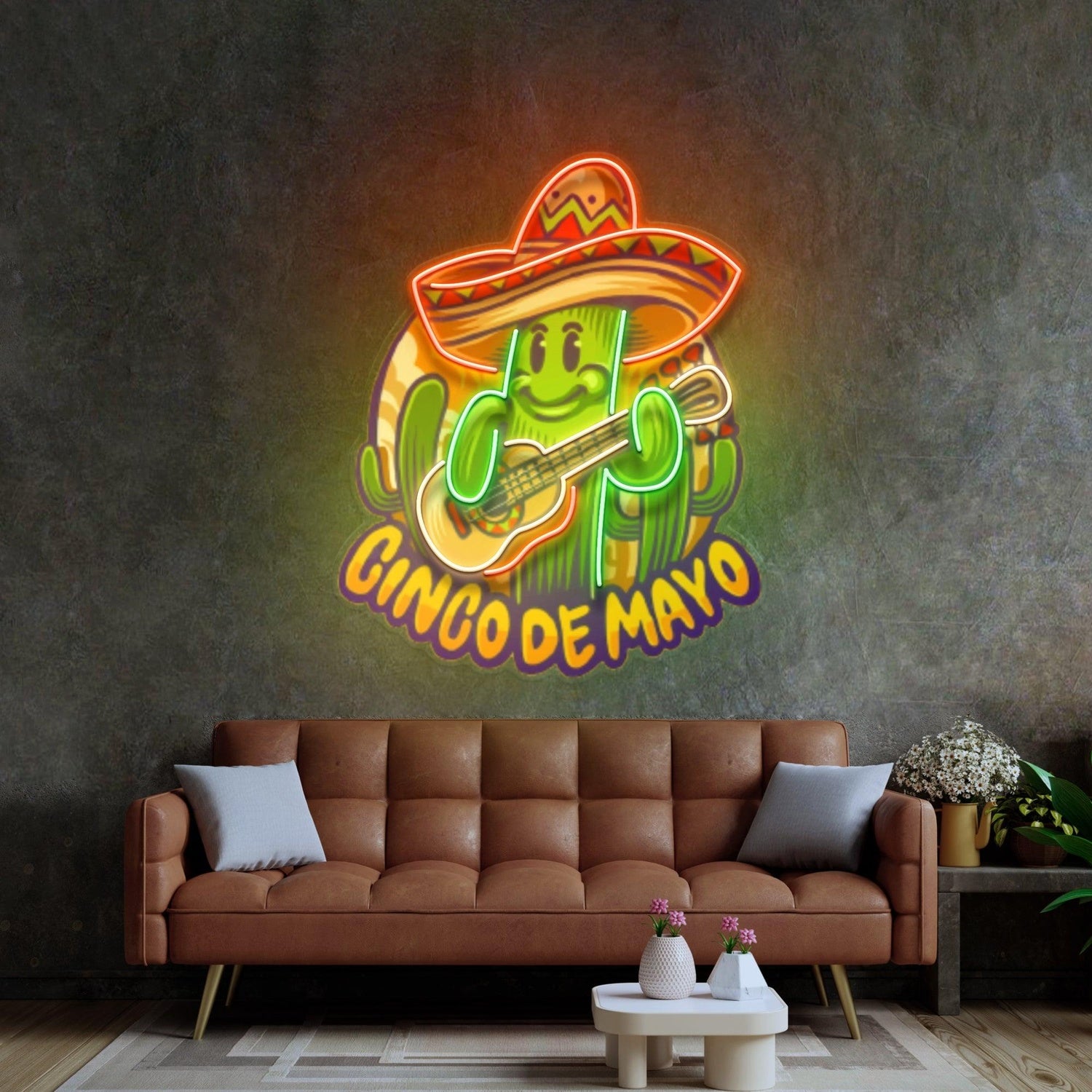 Cinco De Mayo Cactus Guitarist Uv Printed Led Neon Sign For Indoor Party Decor | Shineneon