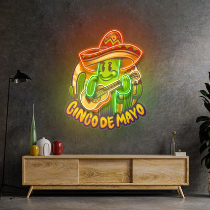 Cinco De Mayo Cactus Guitarist Uv Printed Led Neon Sign For Indoor Party Decor | Shineneon