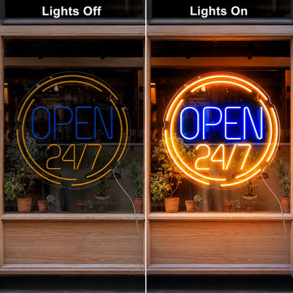 Circle Open 24 Seven Neon Sign LED Neon Sign day and night comparison