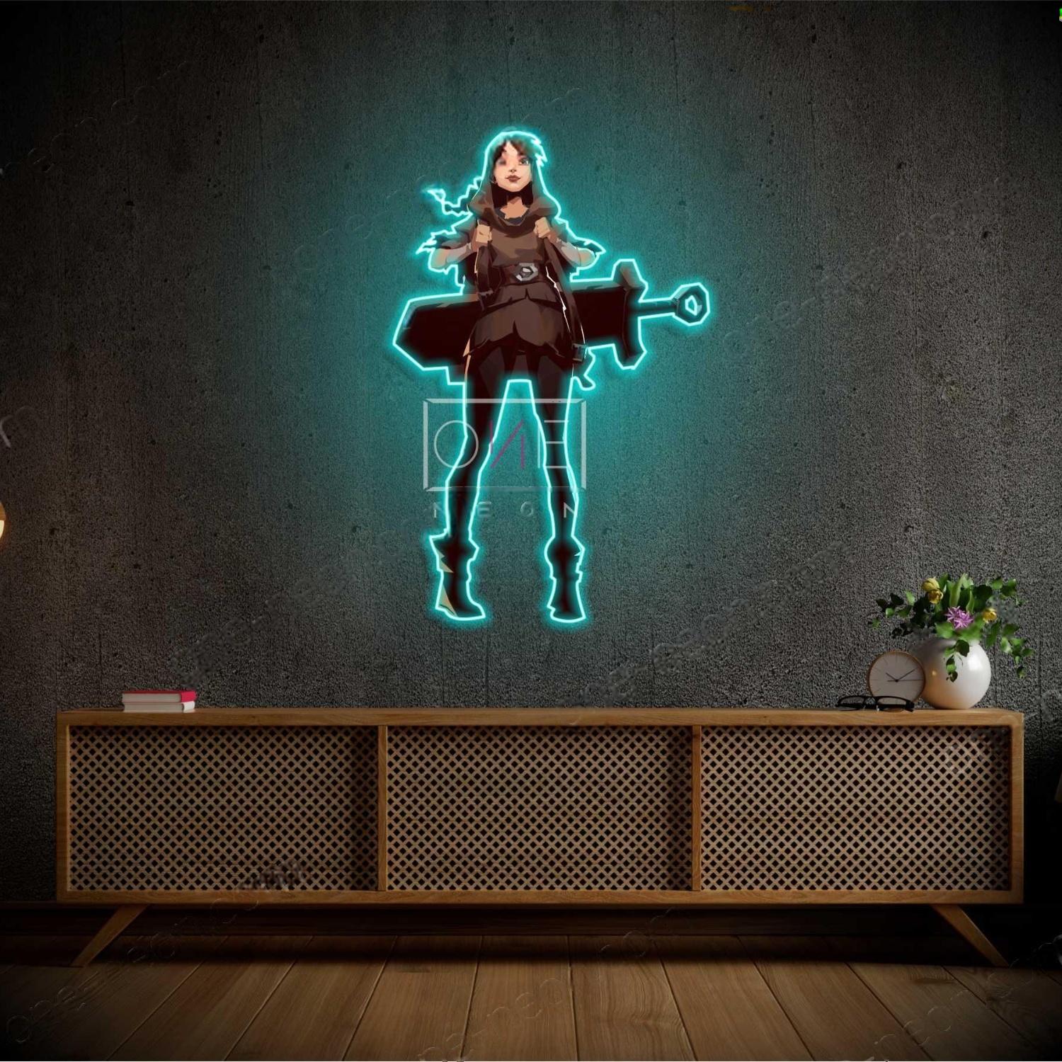 Cithria Lol Teal Blue Cartoon Warrior Led Neon Sign For Anime Room Decor | Shineneon