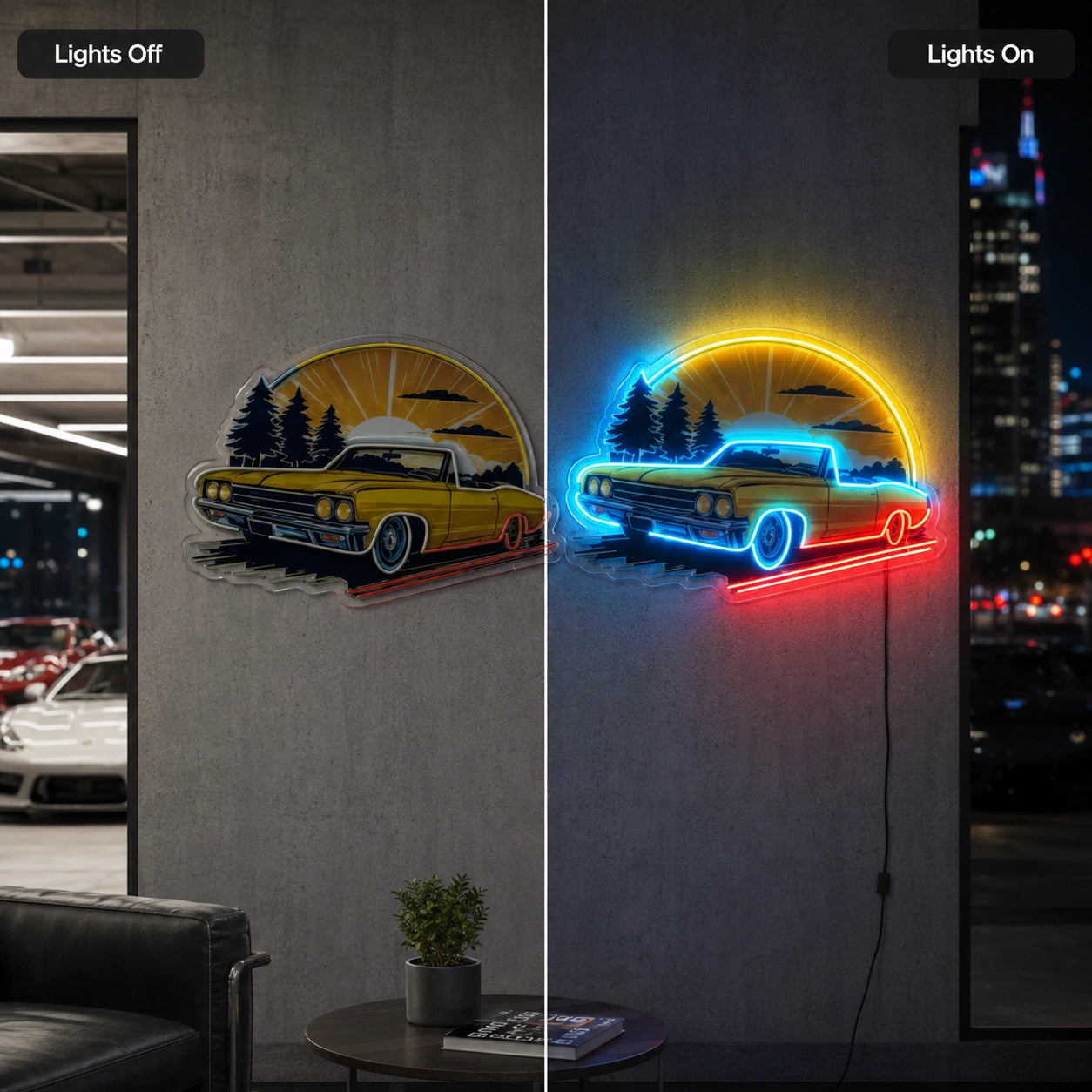Classic Car Garage Wall Neon Sign LED Neon Sign day and night comparison