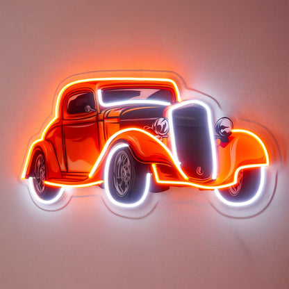 Classic-Car Orange-White Uv Printed Led Neon Sign For Auto Club Garage Decor | Shineneon