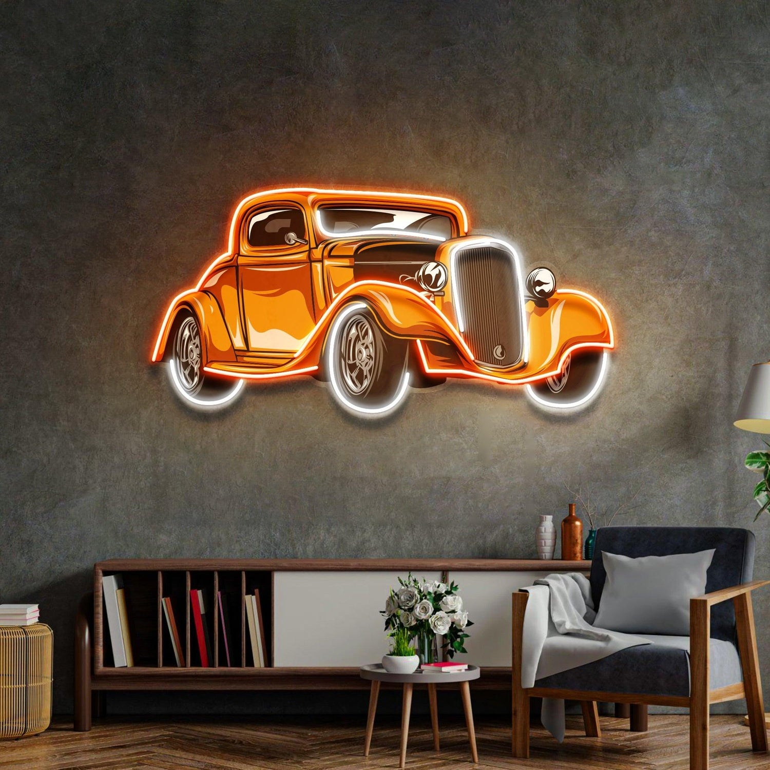 Classic-Car Orange-White Uv Printed Led Neon Sign For Auto Club Garage Decor | Shineneon