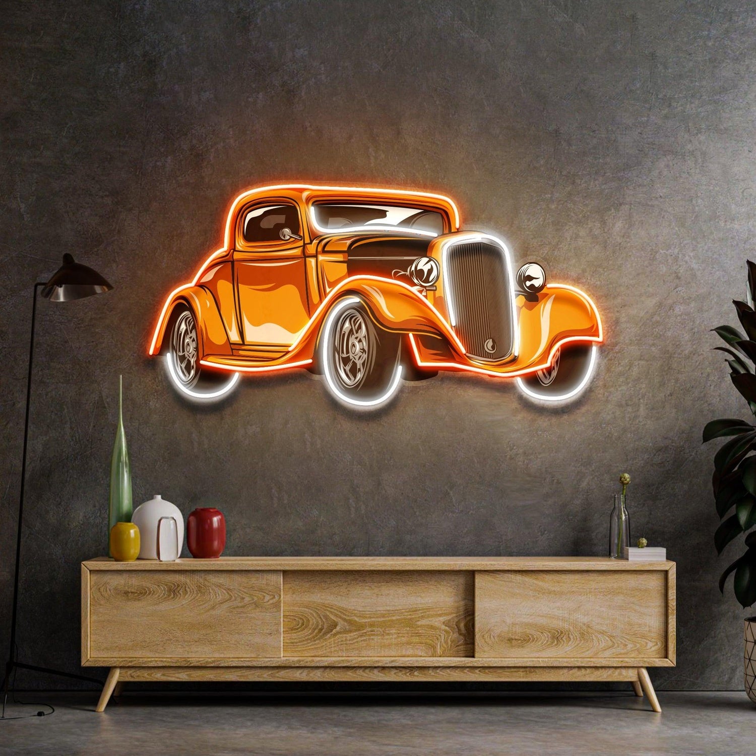 Classic-Car Orange-White Uv Printed Led Neon Sign For Auto Club Garage Decor | Shineneon