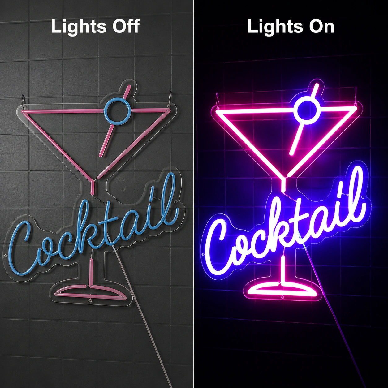Classic Cocktail Glass Neon Sign LED Neon Sign day and night comparison