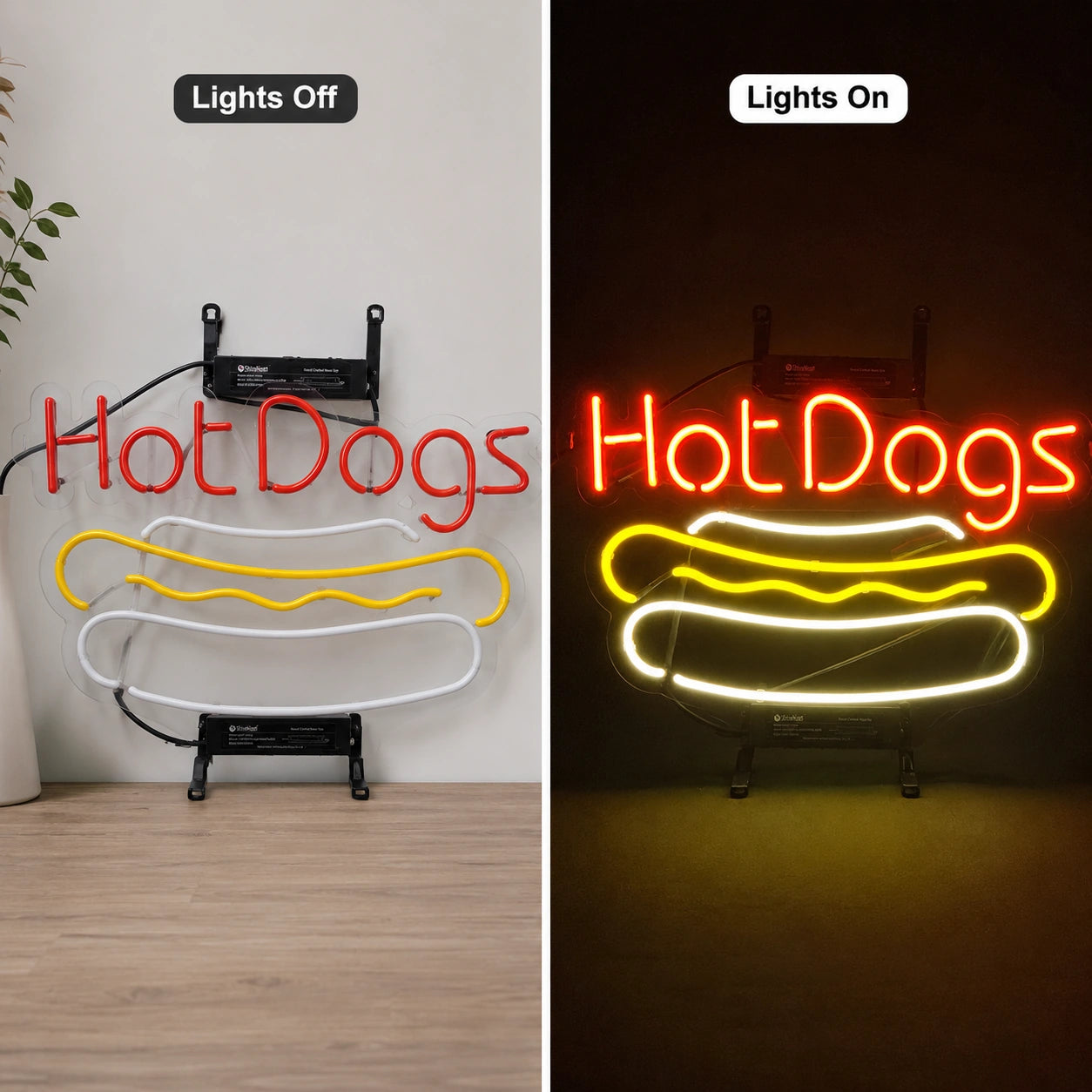 Classic Hot Dogs Neon Sign LED Neon Sign day and night comparison