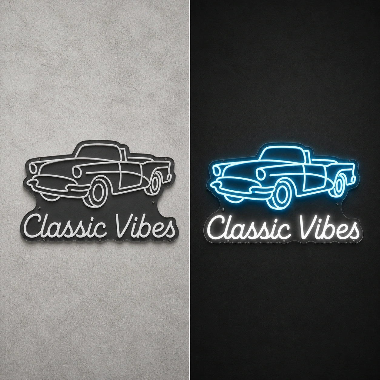 Classic Vibes Pickup Truck Vintage LED Neon Sign day and night comparison