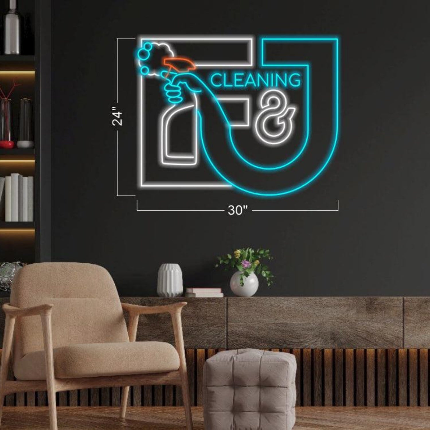 Cleaning-Themed Teal-White Led Neon Sign With Spray Bottle Motif For Home Shop Decor | Shineneon