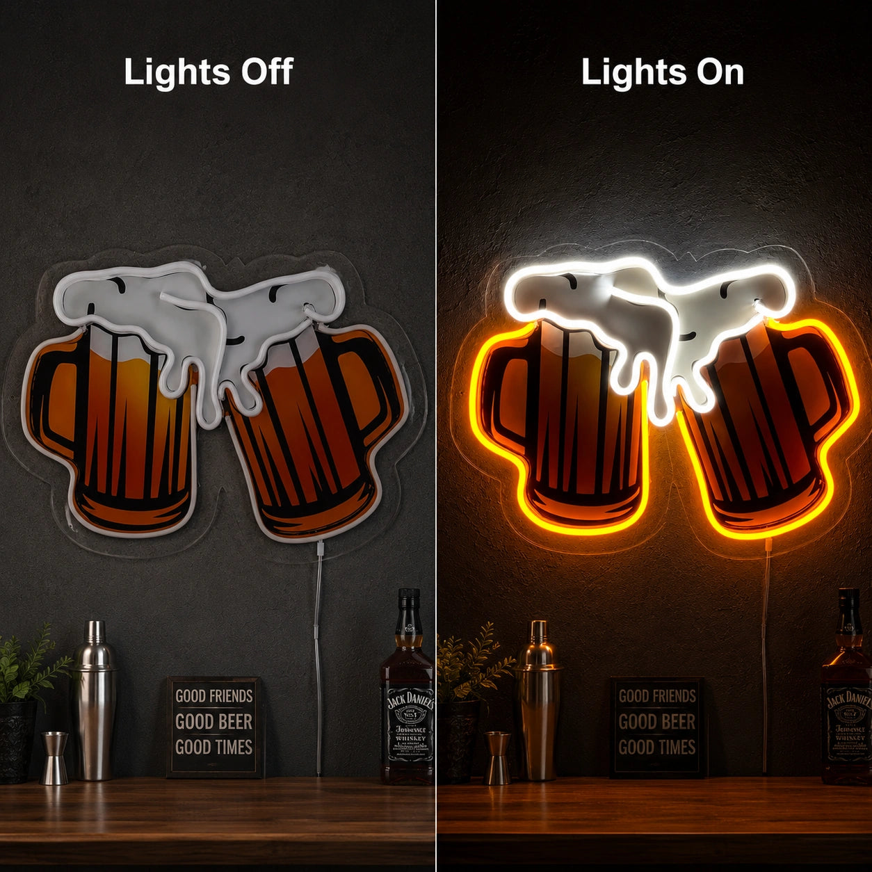Clinking Beer Mugs LED Neon Sign day and night comparison