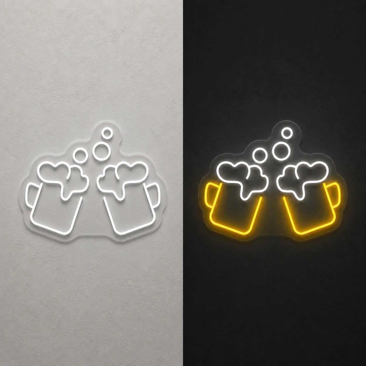 Clinking Beer Mugs Vintage LED Neon Sign day and night comparison