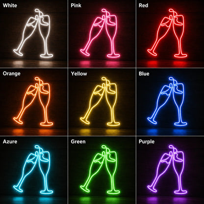 Clinking Champagne Glasses LED Neon Sign day and night comparison