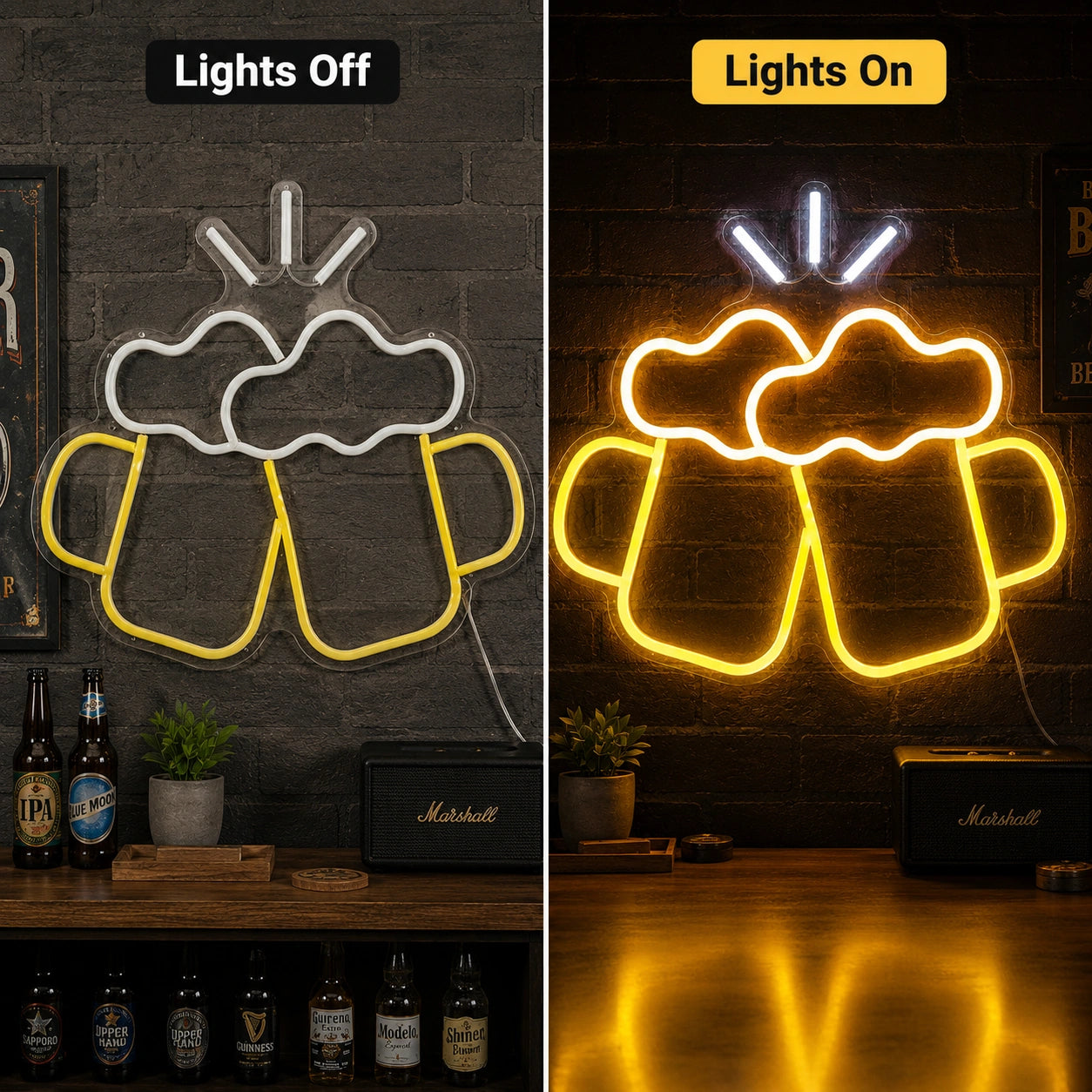 Clinking Foamy Mugs LED Neon Sign day and night comparison