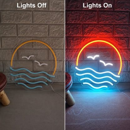Coastal Birds Sunset Neon Sign LED Neon Sign day and night comparison