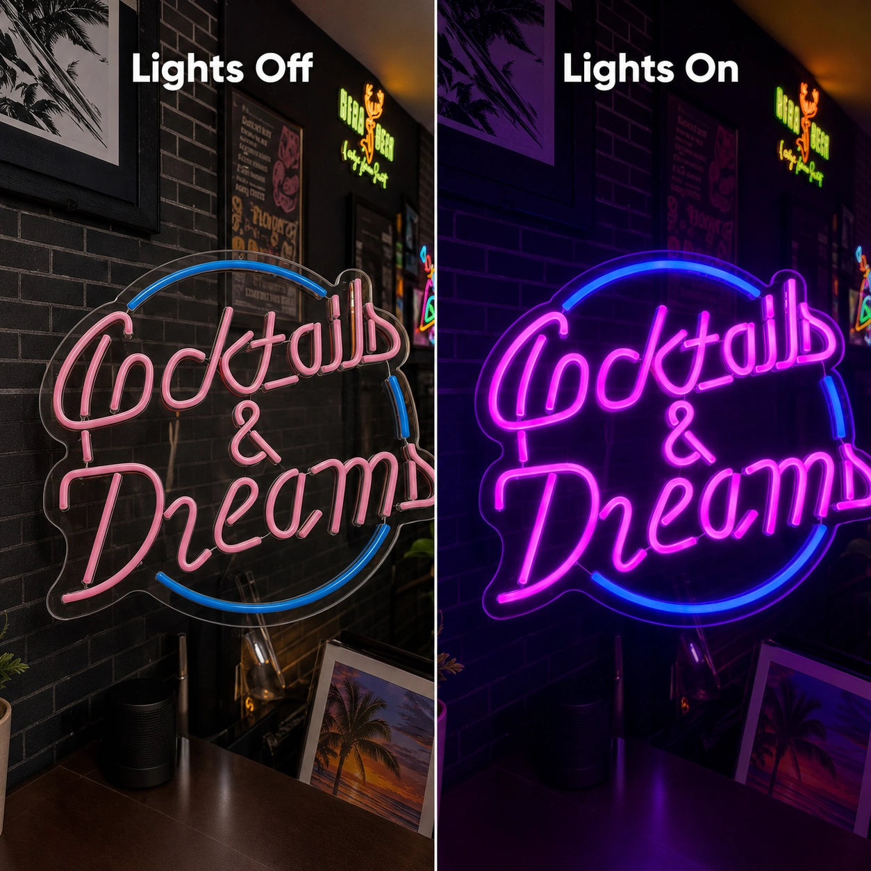 Cocktail And Dreams LED Neon Sign - 06 Day Night Comparison